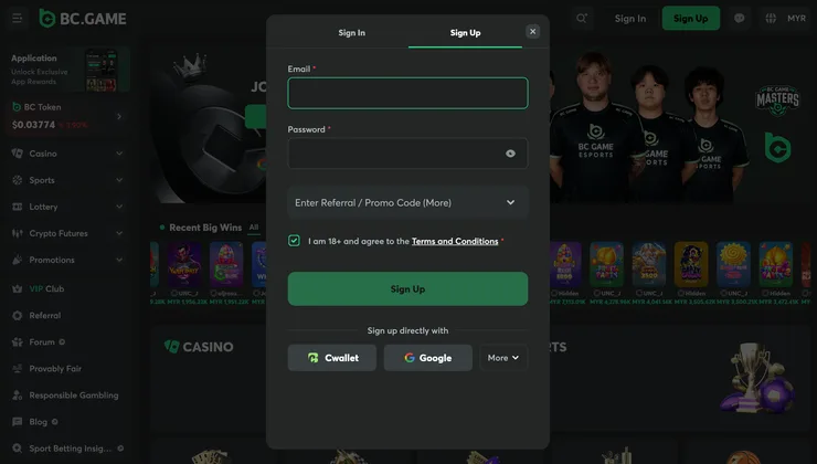 BC.GAME register page