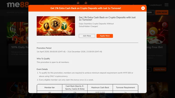 me88 crypto cashback promotion terms