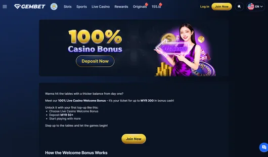 gembet 100% live casino welcome bonus