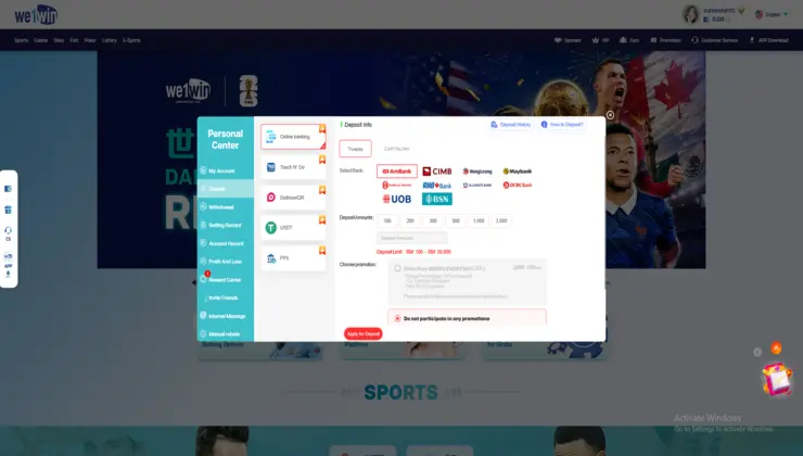 we1win deposit page