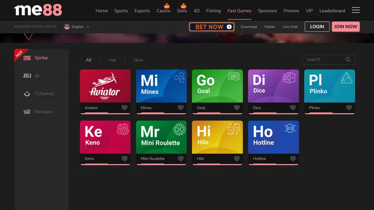 me88 fast games lobby with the spribe tab