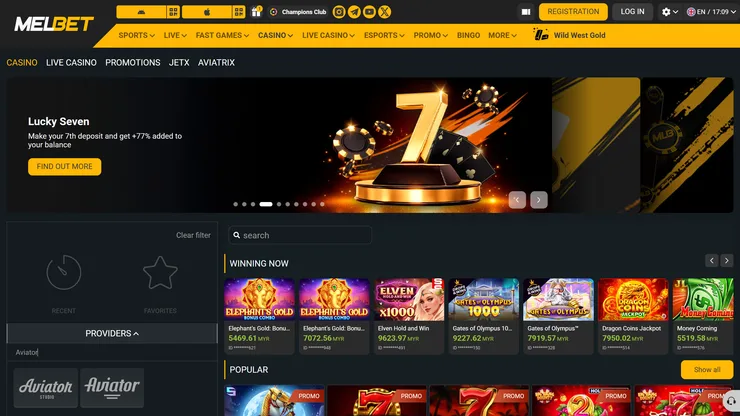 melbet casino lobby with its jetx and aviatrix tabs