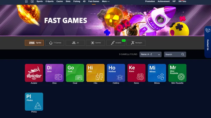 surewin fast games lobby with the spribe tab