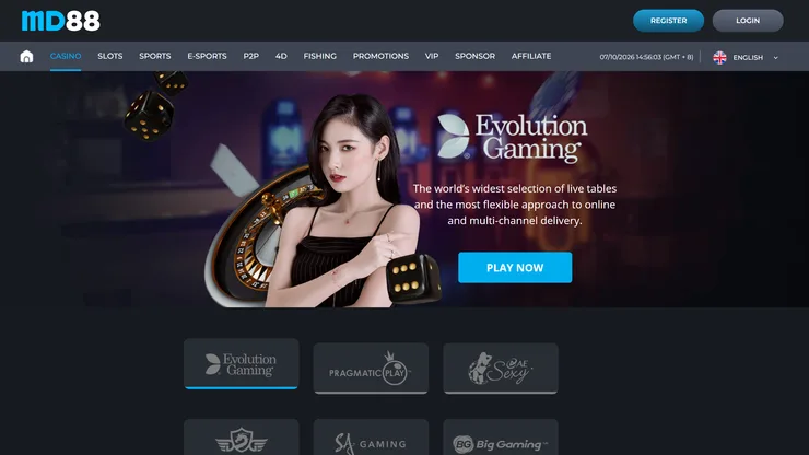 md88 casino page with the evolution lobby selected