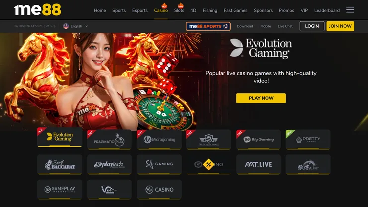 me88 casino page with the evolution gaming lobby selected