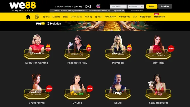 we88 live casino page with its studio tiles